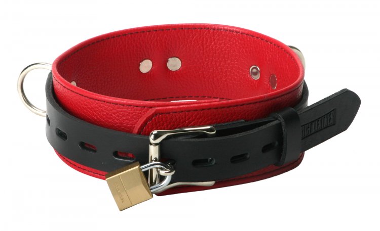 Strict Leather Deluxe Red and Black Locking Collar Bondage Gears, Leather Bondage Goods, Collars
