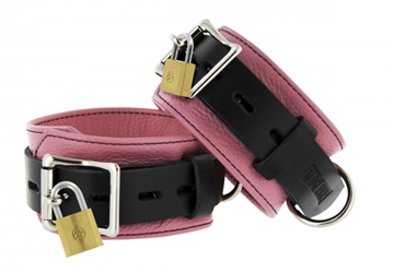 Strict Leather Pink and Black Deluxe Locking Ankle Cuffs Bondage Gear, Leather Bondage Goods, Ankle and Wrist Restraints