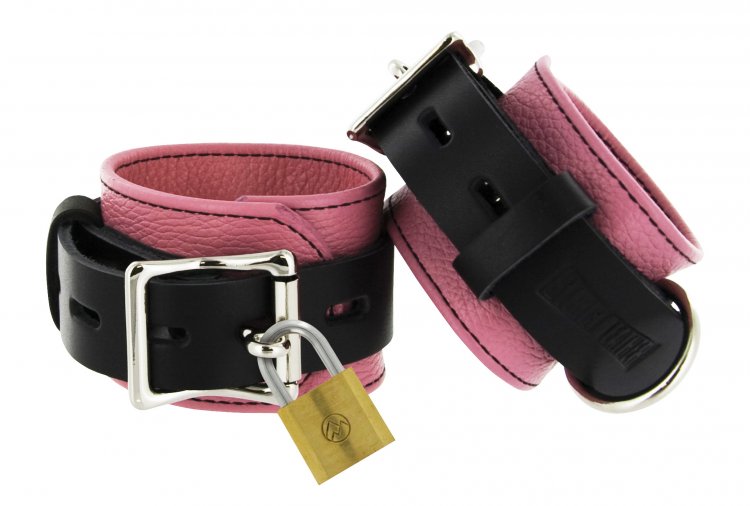 Strict Leather Pink and Black Deluxe Locking Wrist Cuffs Bondage Gear, Leather Bondage Goods, Ankle and Wrist Restraints