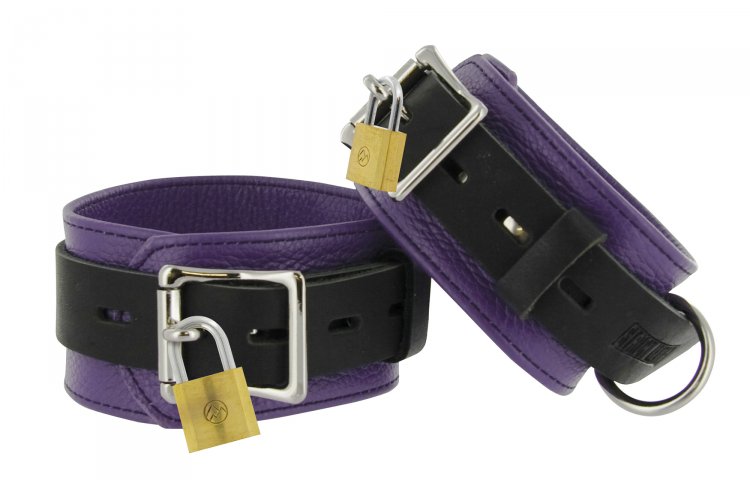 Strict Leather Purple and Black Deluxe Locking Ankle Cuffs Bondage Gear, Leather Bondage Goods, Ankle and Wrist Restraints