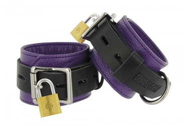 Strict Leather Purple and Black Deluxe Locking Wrist Cuffs Bondage Gear, Leather Bondage Goods, Ankle and Wrist Restraints