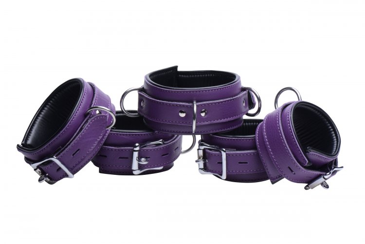 Purple 5 Piece Locking Leather Bondage Set Beginner Bondage, Bondage Gear, Ankle and Wrist Restraints, Bondage Kits, Leather Bondage Goods