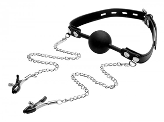 Silicone Ball Gag with Nipple Clamps Beginner Bondage, Bondage Gear, Mouth Gags, Nipple Toys, Nipple Clamps and Tweezers