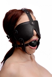 Gag and Blindfold Head Harness- Black Bondage Gear, Hoods and Blindfolds, Leather Bondage Goods, Mouth Gags