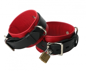 Strict Leather Deluxe Black and Red Locking Ankle Cuffs Bondage Gear, Leather Bondage Goods, Ankle and Wrist Restraints